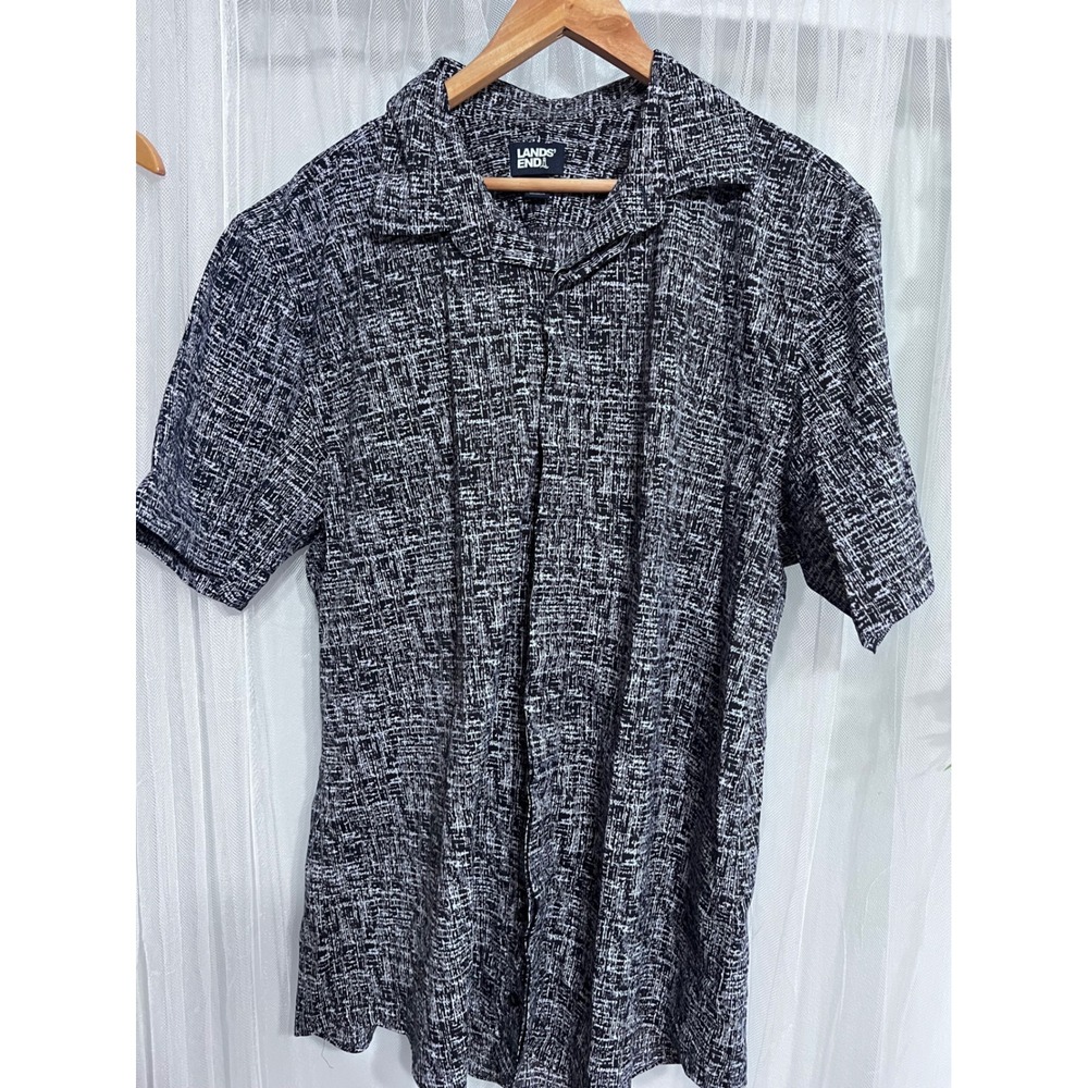 Lands End Mens XL Tall Black White Abstract Crosshatch Short Sleeve Button Shirt